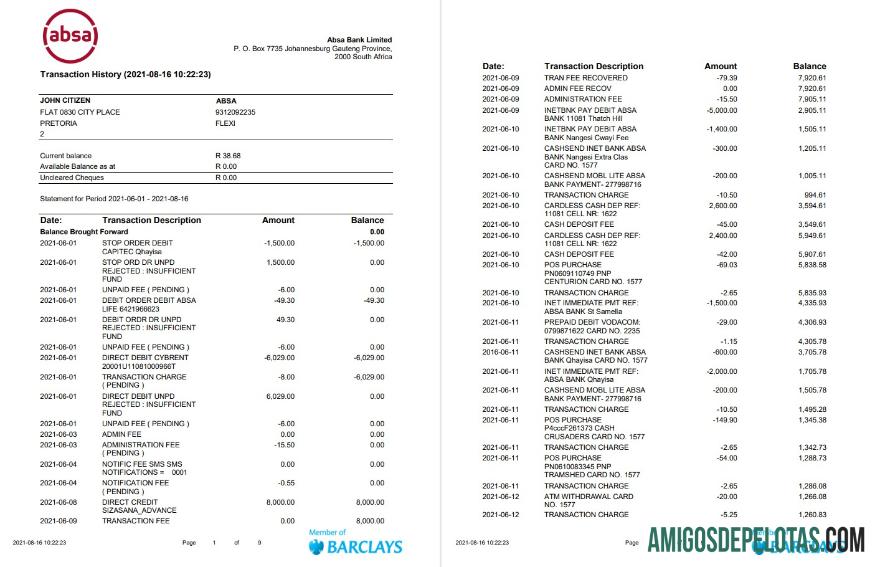 Extrato bancário ABSA da África do Sul para impressão, modelo fácil de preencher em formato Word e PDF (9 páginas)